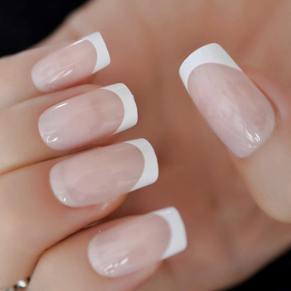 Uñas falsas de color beige natural con forma cuadrada, color blanco francés, uñas falsas de cubierta completa 2