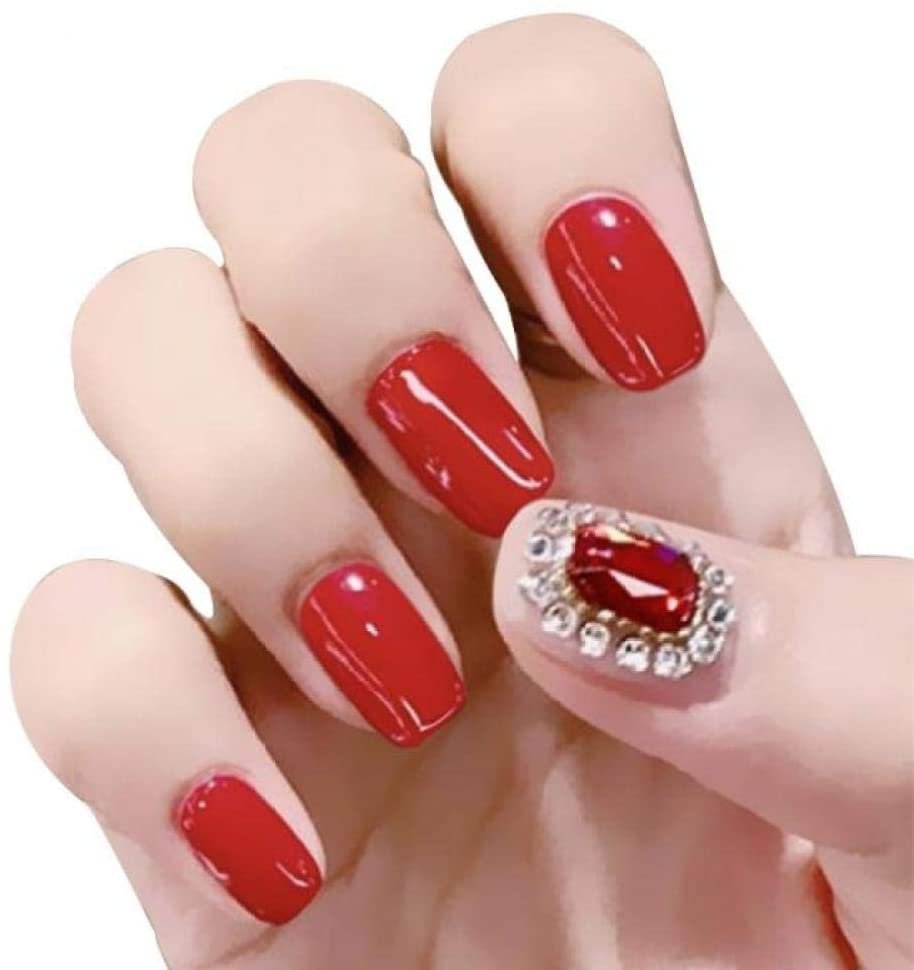 Uñas postizas Elegante cabeza cuadrada roja con uñas falsas de diamantes