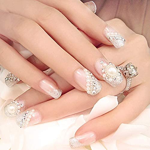 Uñas falsas con diamantes de imitación, uñas postizas para bodas, fiestas de cumpleaños, uñas acrílicas