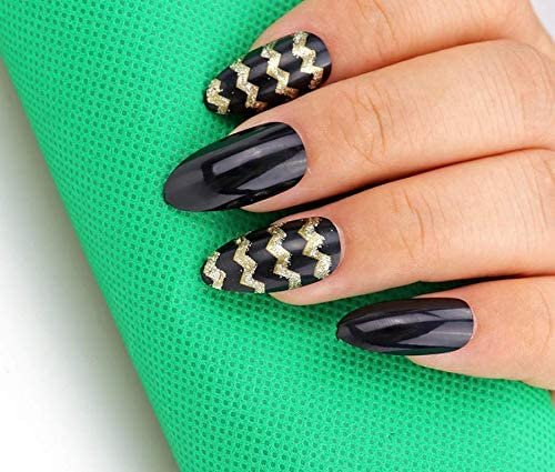 Uñas Negras Brillos Dorados Patrones De Onda Diseños De Arte