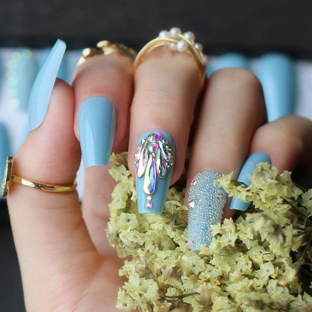 Uñas postizas Azul cielo uñas postizas verano cristal brillante ataúd de uñas uñas acrílicas