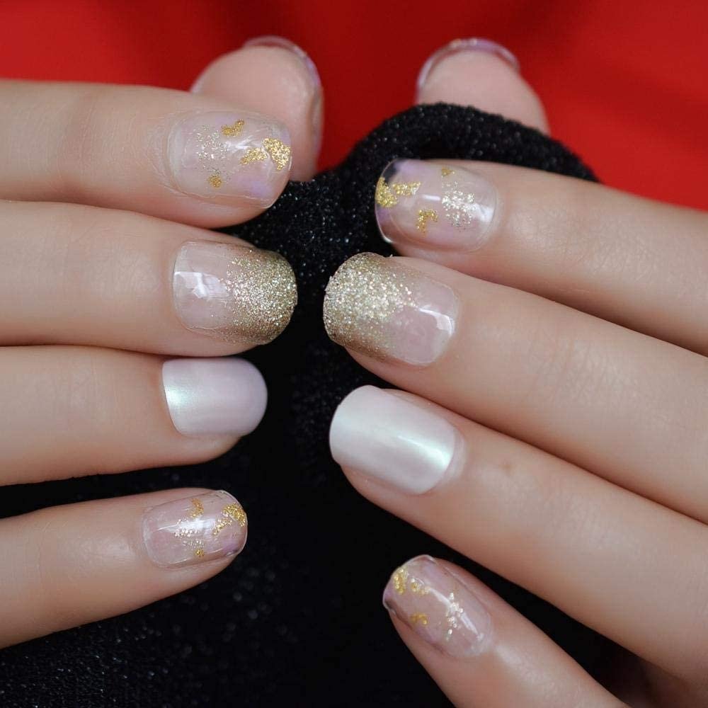 Uñas postizas Diseño de brillo uñas postizas transparentes uñas doradas cortas