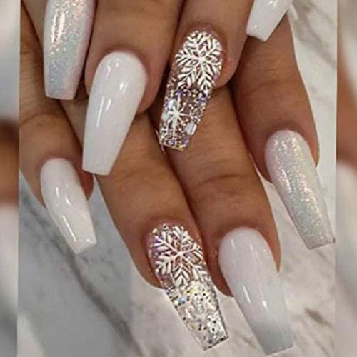 Uñas postizas cortas blancas Brillo de nieve Decoraciones navideñas