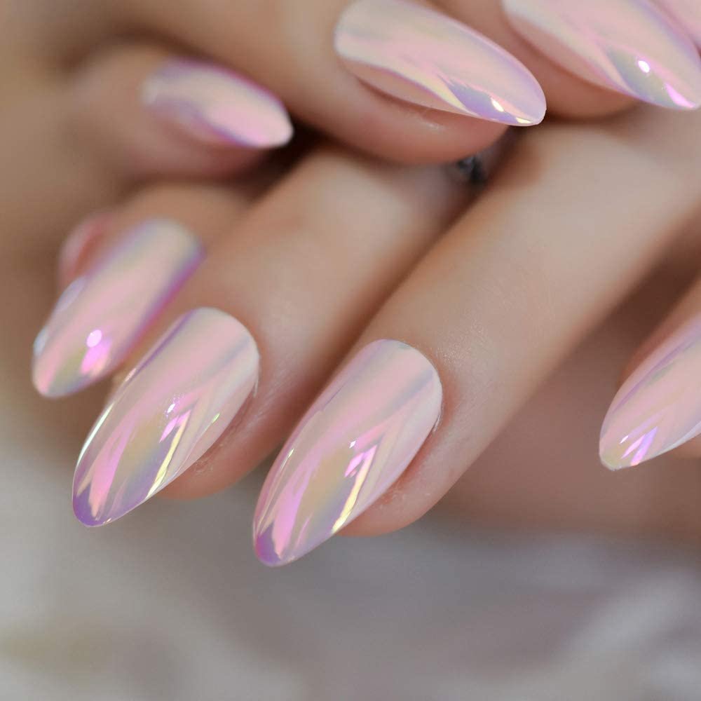 Uñas postizas metálicas con efecto espejo, color rosa brillante