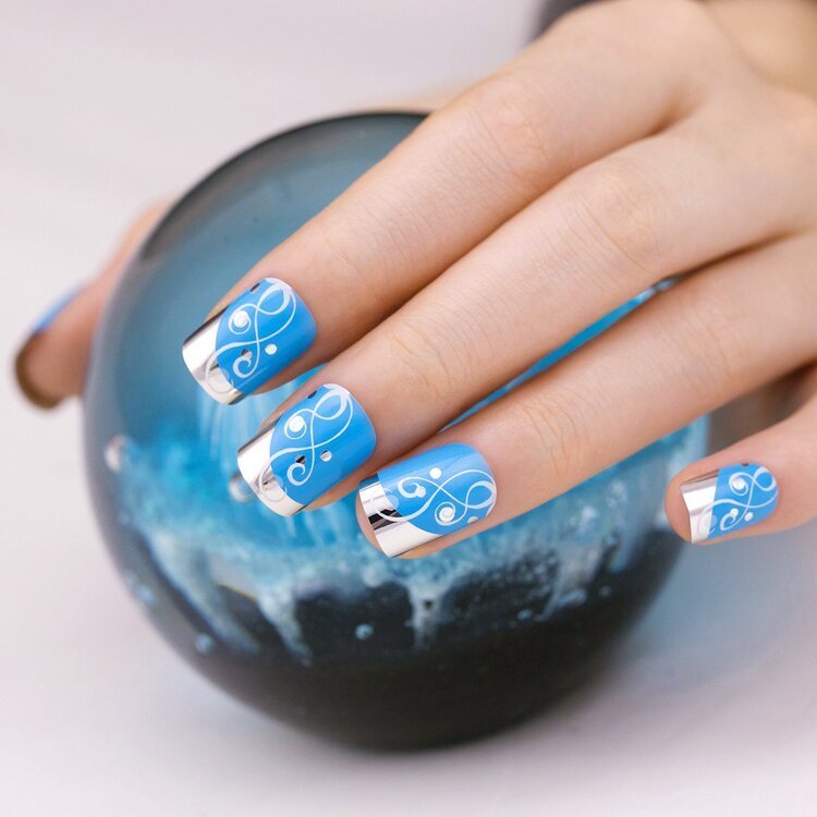 azul punta de plata metálico uñas postizas manicura francesa