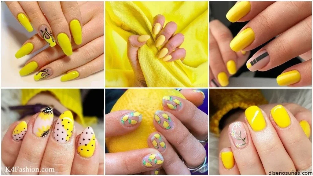 6 imágenes de diseños de uñas amarillas diferentes