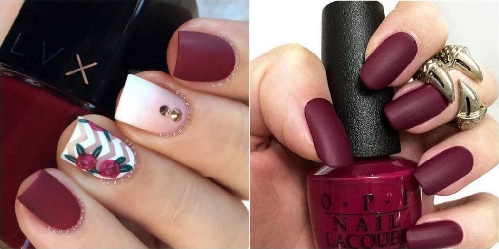 Uñas de Burdeos para el mes de diciembre 2 imágenes juntas